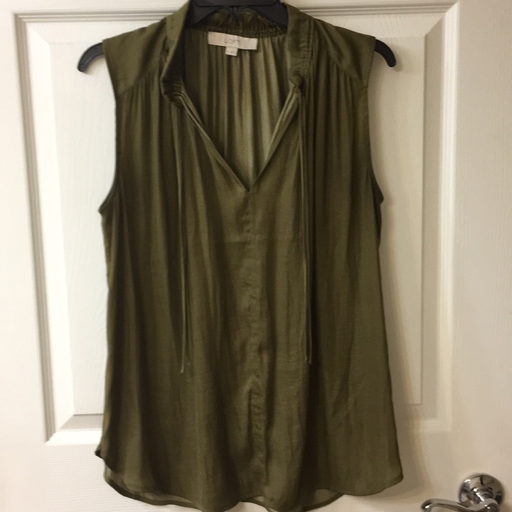 Loft olive green sleeveless ruffle-neck top size M